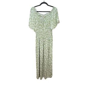 Kindred Floral Maxi Dress 1X Green White Smocked Flutter Sleeve Boho Peasant
